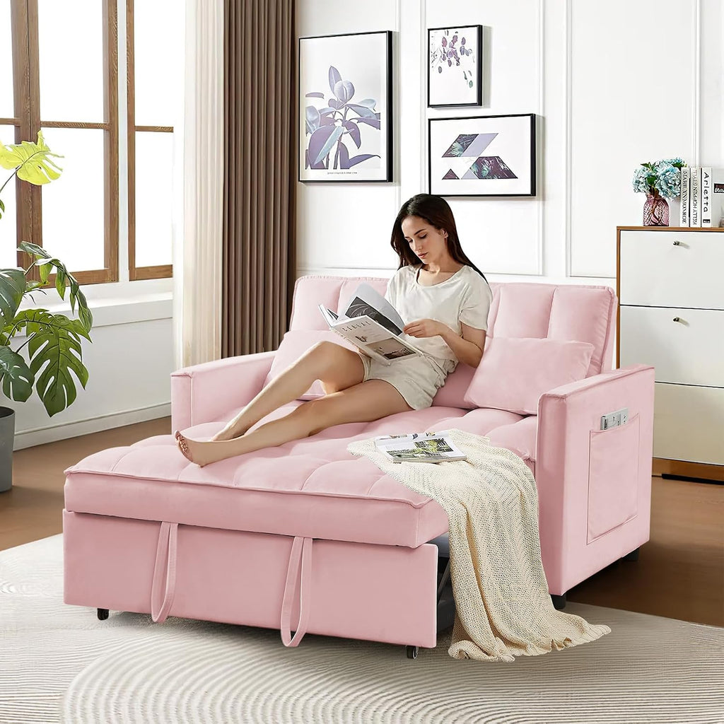 3 in 1 Convertible Sleeper Sofa Bed, Futon Couches for Living Room with Side Pocket/Adjustable Backrest, Velvet Upholstered Pull Out Couch, Small Loveseat Sofa Bed for Bedroom Office Small Spaces