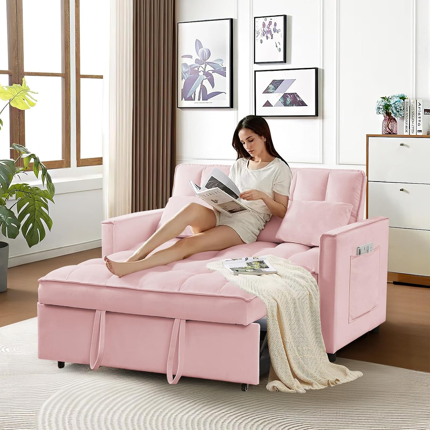 3 in 1 Convertible Sleeper Sofa Bed, Futon Couches for Living Room with Side Pocket/Adjustable Backrest, Velvet Upholstered Pull Out Couch, Small Loveseat Sofa Bed for Bedroom Office Small Spaces