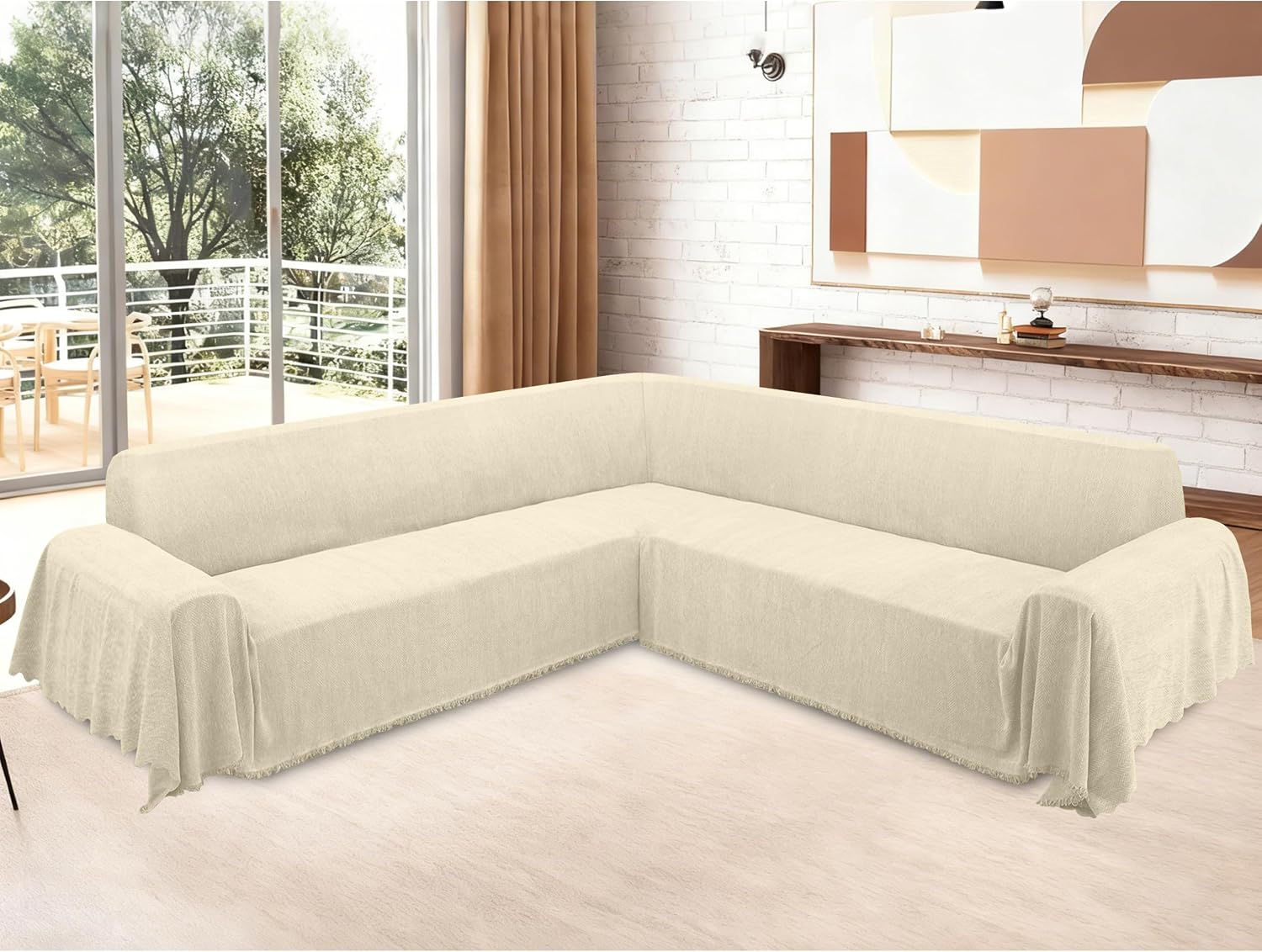 ALIECOM Corner Sectional Couch Covers L Shape Sofa Cover with Tassel Chenille Soft Thick U Shaped Sectional Slipcovers Washable Furniture Protector for Pets Dogs Cats (Beige, 91x251 Inch)