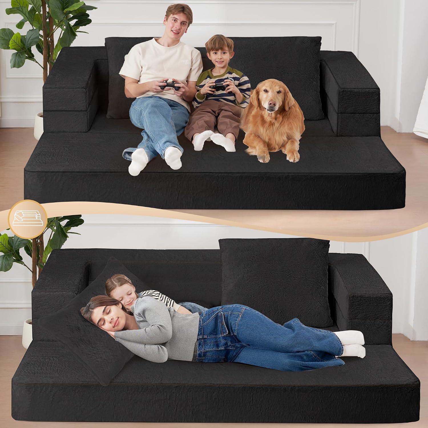 Futon Sofa Bed with Pillow, 3-in-1 Sleeper Sofa Bed with Removable Cover, Convertible Floor Sofa Bed, No Assembly Boneless Couch for Living Room, Bedroom