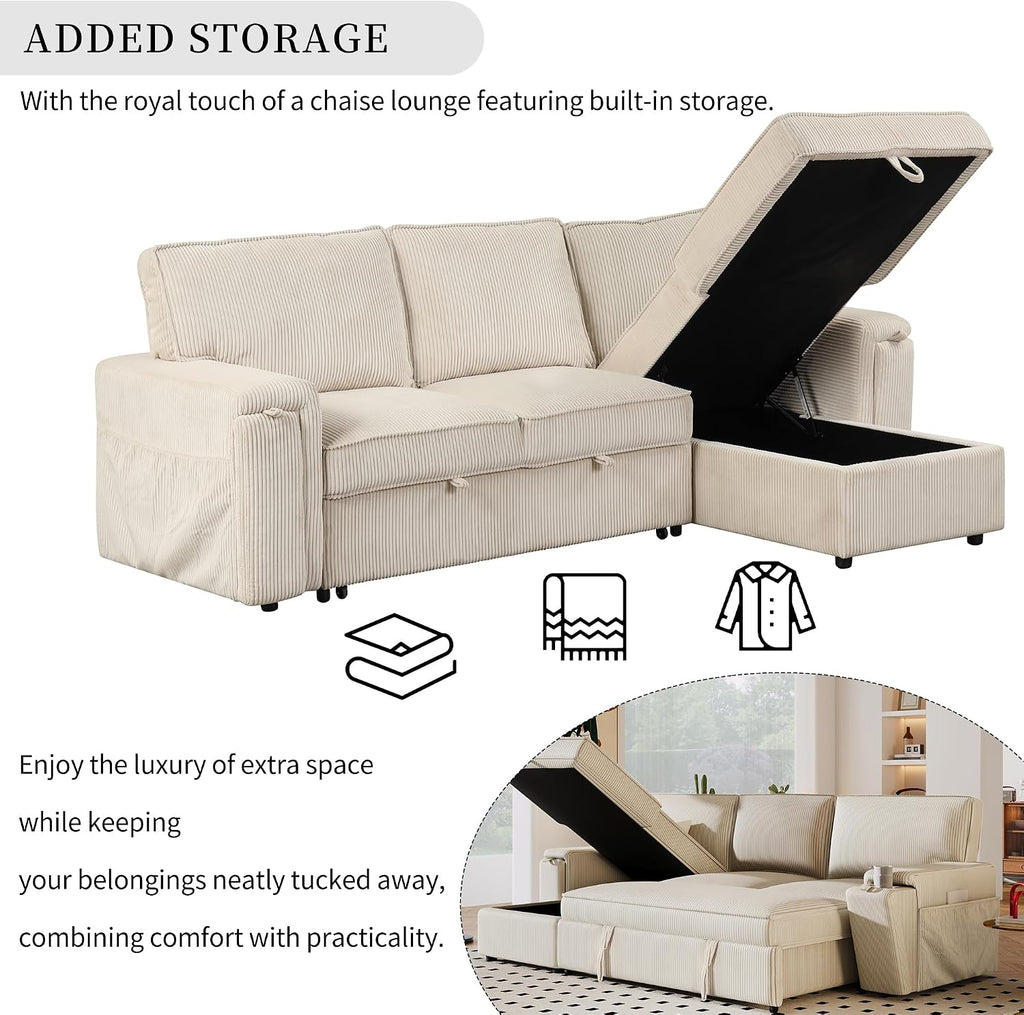 Sleeper Sofa, 96' Corduroy 2-in-1 Pull Out Sofa Bed, Convertible Sofa Bed Couch with Storage Chaise, L Shaped Sofa with Hidden Cup Holders, 3 Seater Sofa for Living Room, Apartments, Beige