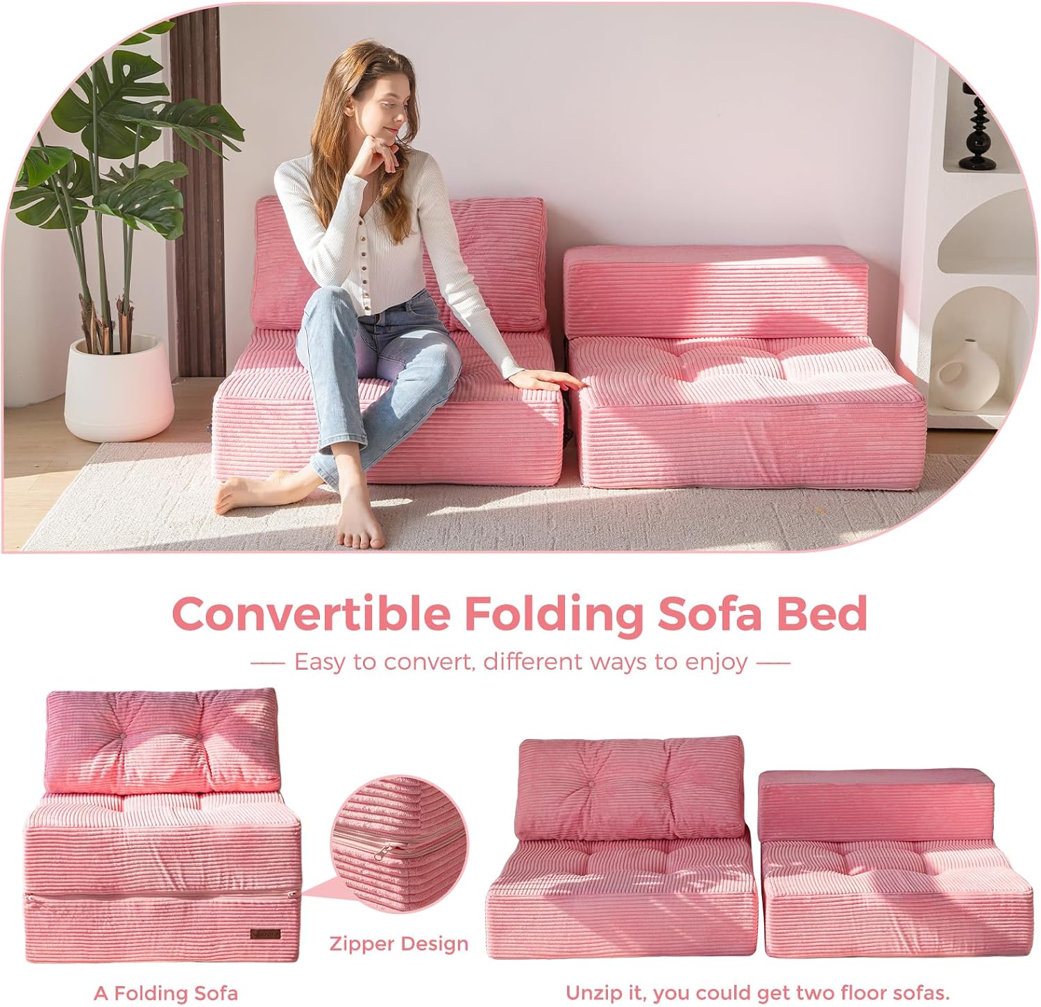 MAXYOYO Folding Sofa Bed, Convertible Sofa Bed with High-Density Support Foam, Portable 4 in 1 Fold Out Chair to Floor Lounger, Versatile Floor Couch for Living Room Bedroom, Pink