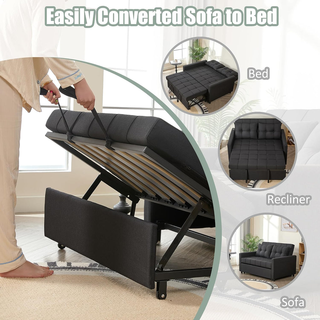 GOSUHI 52' Sleeper Sofa with Pull-Out Bed, 3-in-1 Convertible Sofa Bed, Set of Loveseat with Stepless Adjustable Backrest and Side Pocket, for Living Room Dorm Apartment, Linen, Black