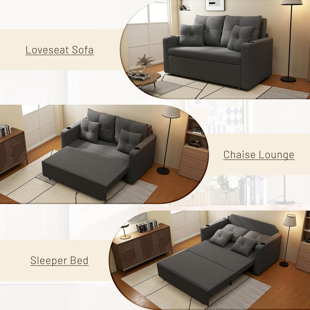 Krcix 3 in 1 Sofa Bed, 56 Inch Convertible Pull Out Couch, Loveseat Sleeper Sofa with Cup Holders, USB, Sofa Couches for Living Room, Bedroom, Apartment, Dark Grey