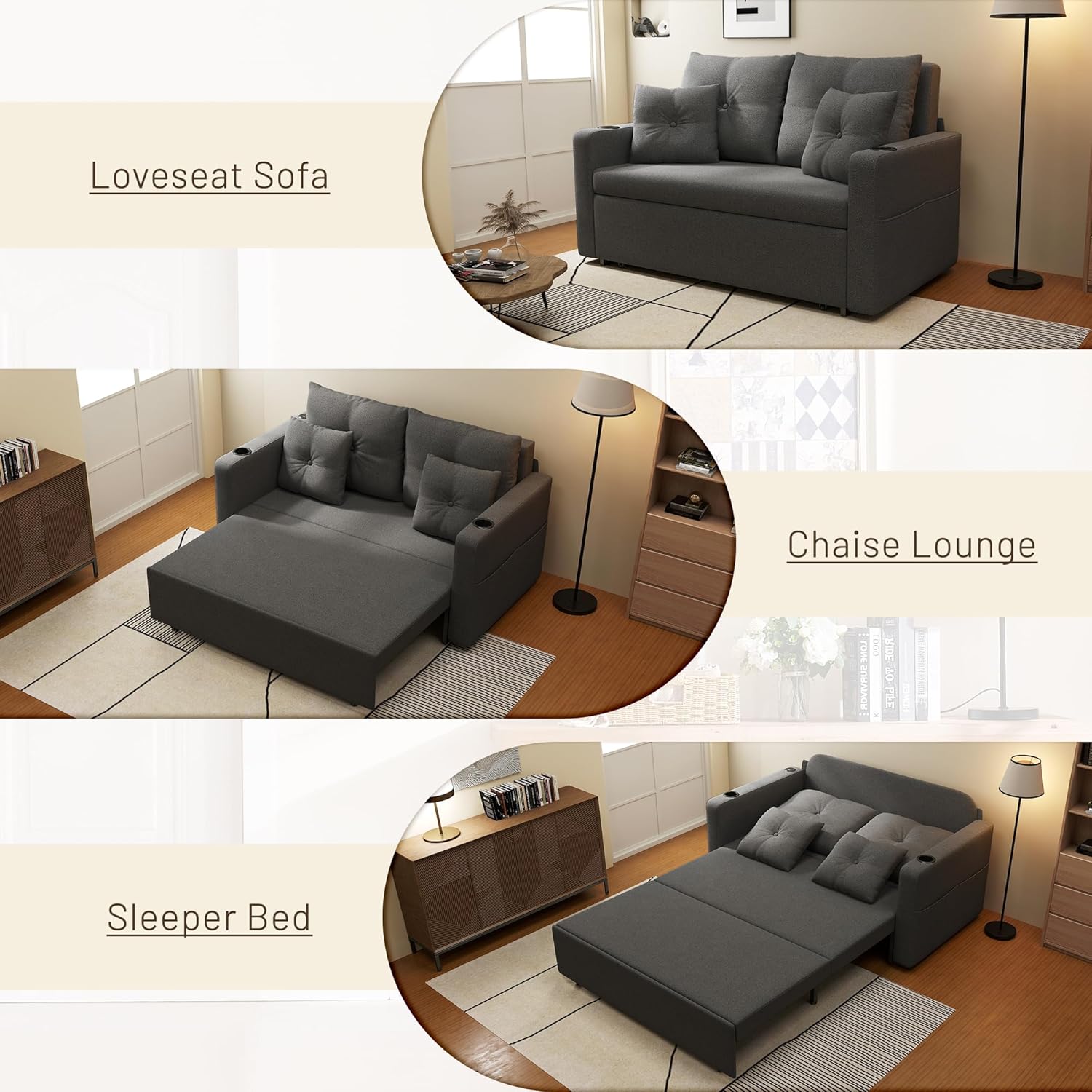Krcix 3 in 1 Sofa Bed, 56 Inch Convertible Pull Out Couch, Loveseat Sleeper Sofa with Cup Holders, USB, Sofa Couches for Living Room, Bedroom, Apartment, Dark Grey