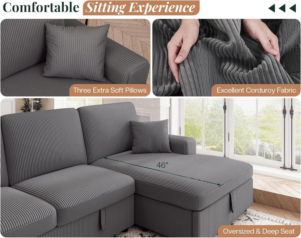 Jocisland 130' Sofa Bed, Sleeper Sofa, Pull Out Sleeper Couch with Storage, Convertible 6-Seater Sofa Bed for Living Room, Corduroy Grey