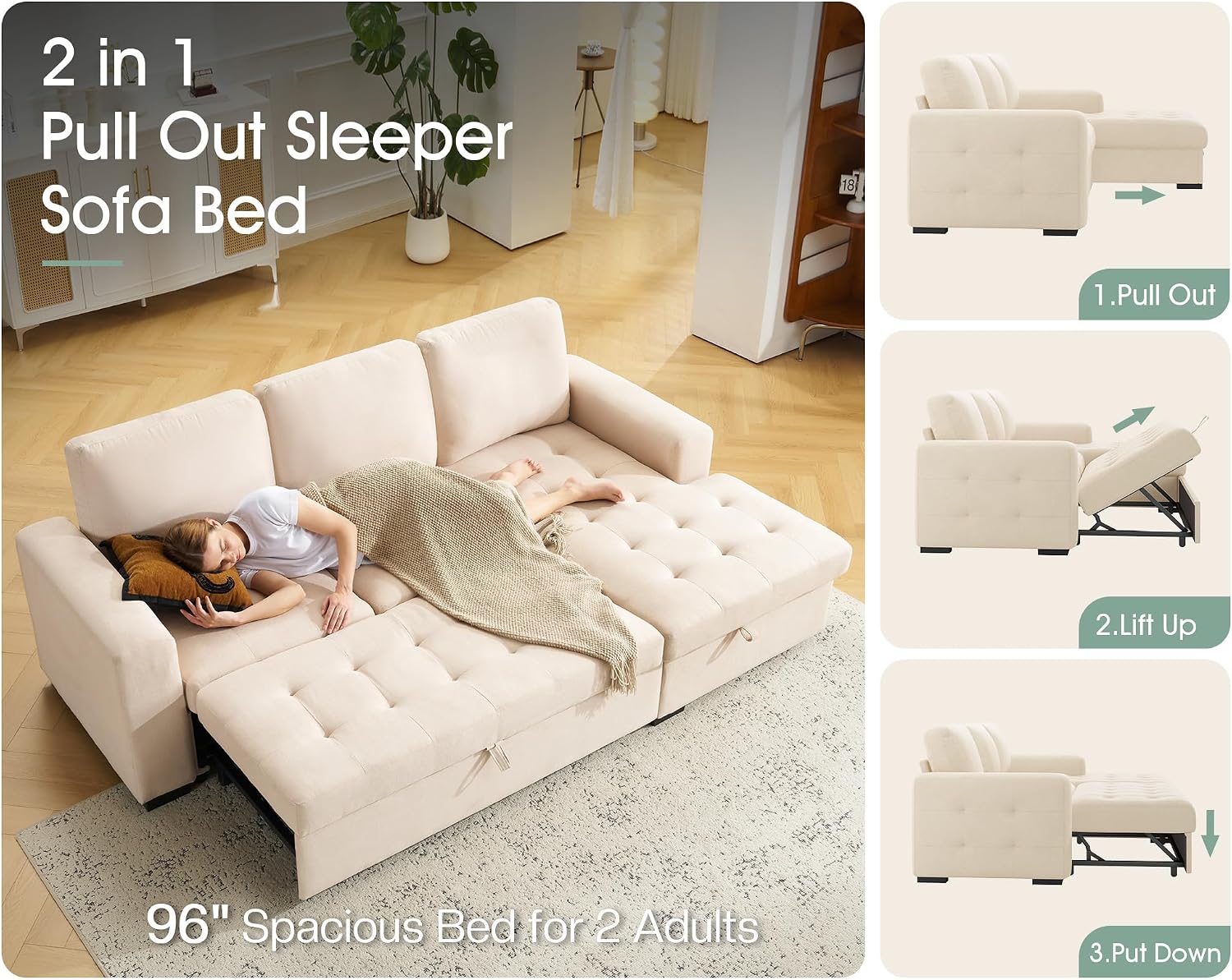 VanAcc 96' Sofa Bed Couch with Storage Chaise, Convertible Sleeper Sofa, Sleeper Couch with Pull Out Bed for Living Room(Beige)