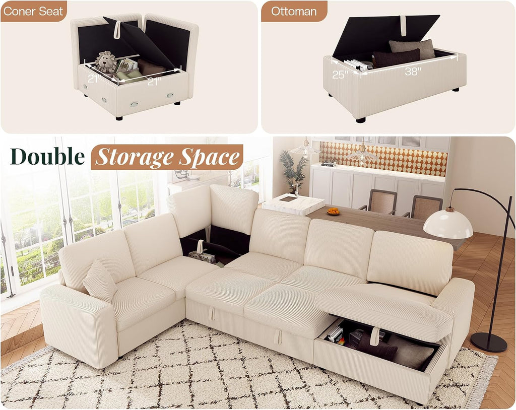 Jocisland 130' Sofa Bed, Sleeper Sofa, Pull Out Sleeper Couch with Storage, Convertible 6-Seater Sofa Bed for Living Room, Corduroy Beige