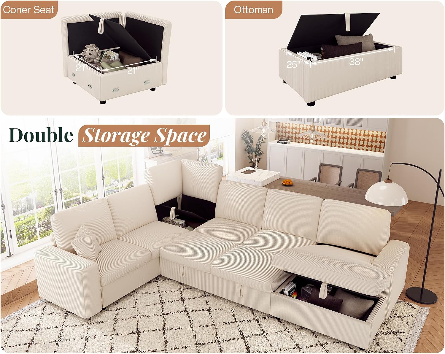 Jocisland 130' Sofa Bed, Sleeper Sofa, Pull Out Sleeper Couch with Storage, Convertible 6-Seater Sofa Bed for Living Room, Corduroy Beige