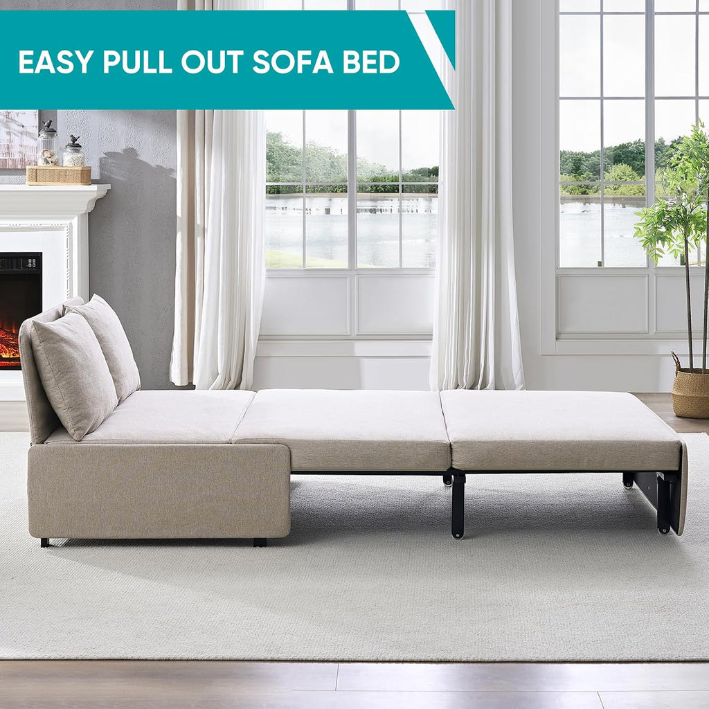 BALUS 43' W Twin Size Pull Out Sleeper Sofa Bed Couch with Pullout Beds, 2 in 1 Convertible Linen Sleepers Single Sofas Chair with Pillows and Foldable Mattress for Small Space Apartment Loft, Beige