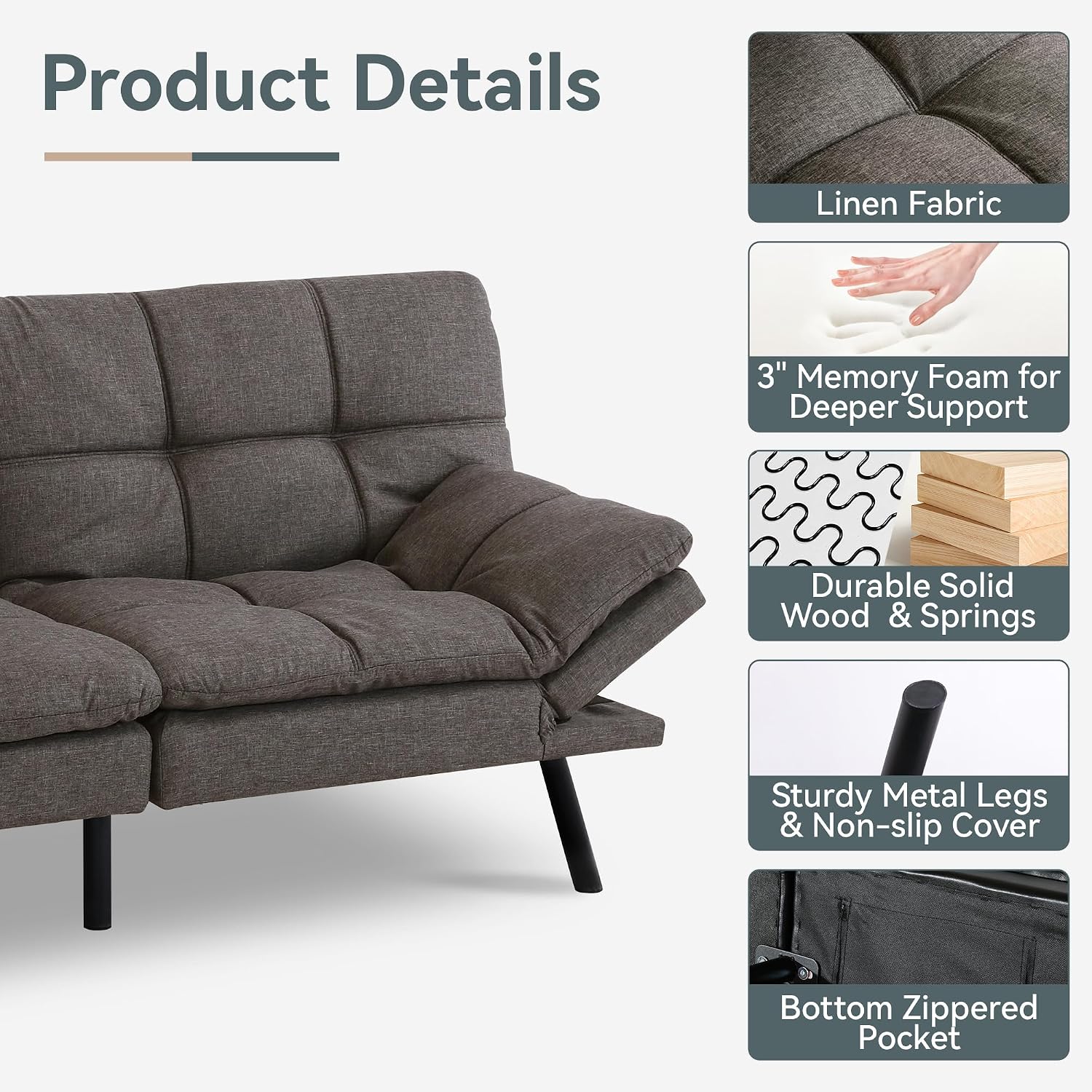 Futon Sofa Bed Convertible Couch, Grey Linen Sofa Bed with Memory Foam, Adjustable Backrest & Armrests, Multifunctional Small Loveseat Sleeper Sofa for Living Room, Apartment, Office
