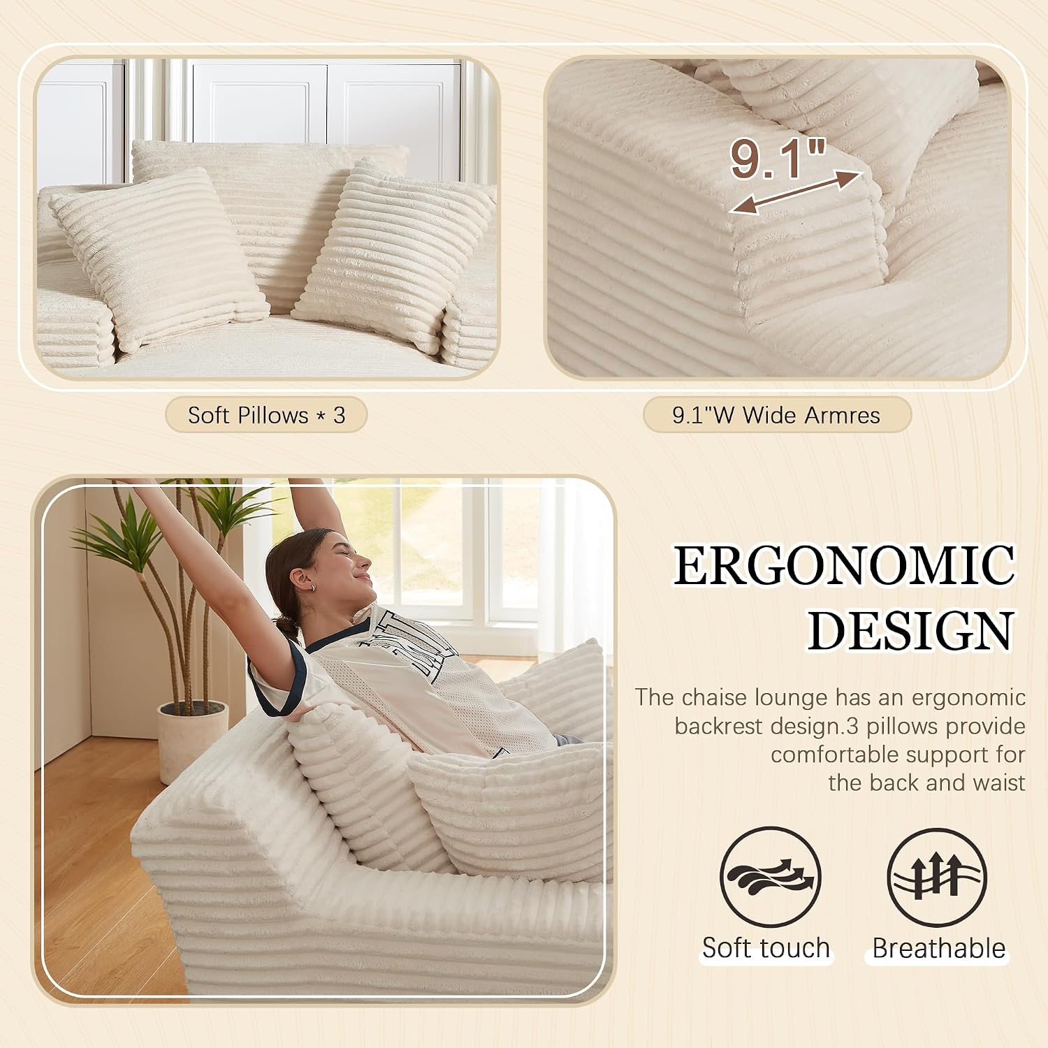 80 Inch Chaise Lounge Chair Indoor, Oversized Corduroy Upholstered Boneless Sofa Bed, Deep Seat Sleeper Couch Reading Chairs, Cloud Sofas Couches for Living Room, No Assembly Required (Beige)