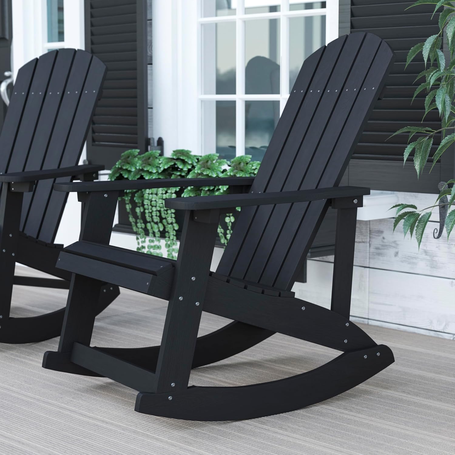 Flash Furniture Savannah All Weather Adirondack Rocking Chair, Polyresin Wood Adirondack Chair with 350-lb. Static Weight Capacity, Black
