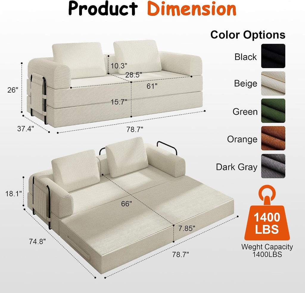78' Convertible Sofa Bed, 5-in-1 Boneless Sleeper Sofa with with Fixed Frame & Pocket, Corduroy Pull Out Couch with 2 Pillows, Couch Bed for Living Room, Small Spaces, Bedroom, No Assembly