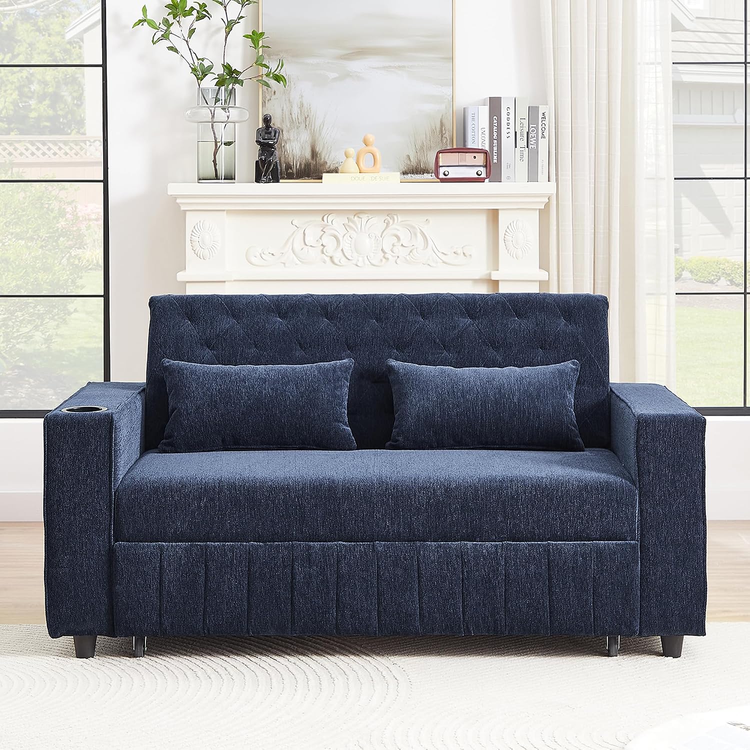 Merax 3 in 1 Convertible Sleeper Sofa Bed with Storage, Futon Couches for Living Room with USB Ports | CupHolder| Reversible Backrest | Pull Out Couch |Small Loveseat,Blue