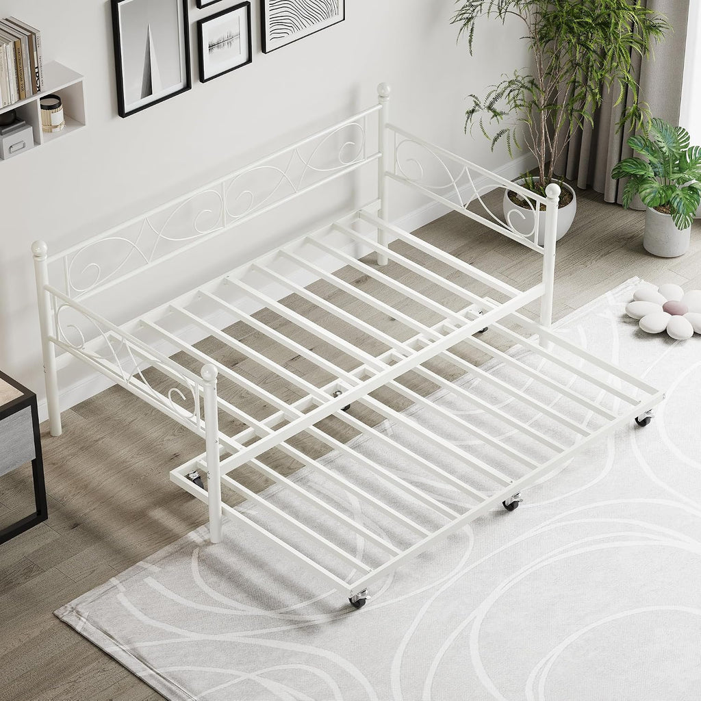 IDEALHOUSE Twin Daybed with Trundle, Metal Trundle Bed, Sofa Bed Frame, Heavy Duty Metal Slats, for Living Room, Bedroom, Guest Room, Space Saving, Modern White
