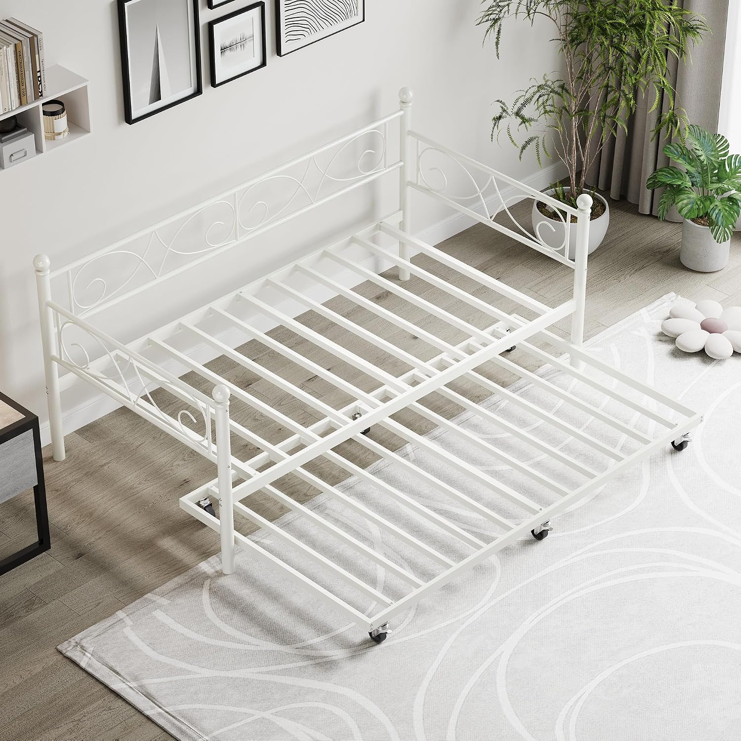 IDEALHOUSE Twin Daybed with Trundle, Metal Trundle Bed, Sofa Bed Frame, Heavy Duty Metal Slats, for Living Room, Bedroom, Guest Room, Space Saving, Modern White