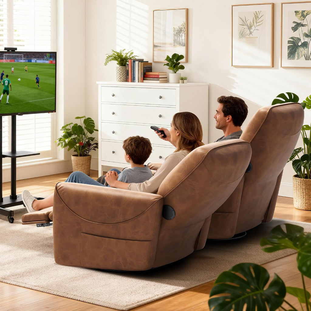 KINGYES Nursery Recliner Rocking Chair, 270° Swivel Glider, with Bluetooth Speaker & USB-C Port, Faux Leather Nursery Rocking Chair, Brown