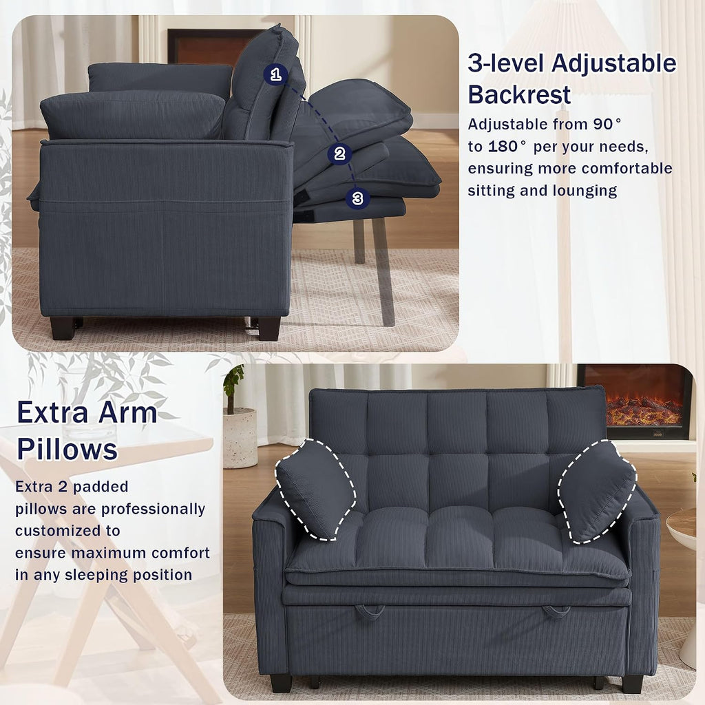 Sleeper Sofa with Pull Out Couch Bed, 48' Convertible Pull-Out Sofa Bed Chair, 3-in-1 Futon Couch with Reclining Backrest and Side Pockets for Living Room Bedroom Apartment, Dark Grey
