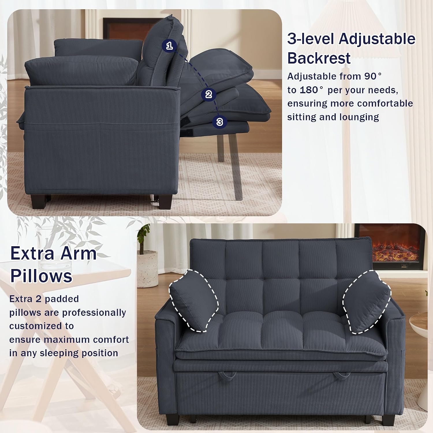 Sleeper Sofa with Pull Out Couch Bed, 48' Convertible Pull-Out Sofa Bed Chair, 3-in-1 Futon Couch with Reclining Backrest and Side Pockets for Living Room Bedroom Apartment, Dark Grey
