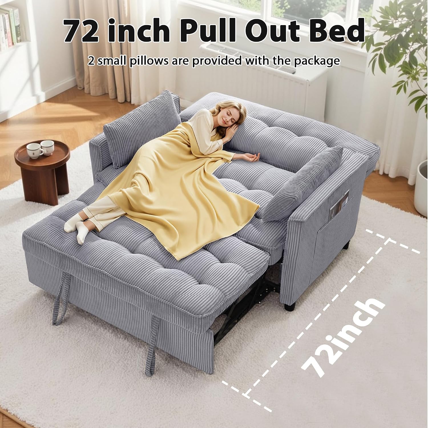 Sleeper Sofa Bed, 55'' Convertible Pull Out Couch with Small Table| USB Port | Side Pockets | Corduroy Fabric | Adjustable Backrest for Apartment, Office, Bedroom, Guest Room(LightGray)