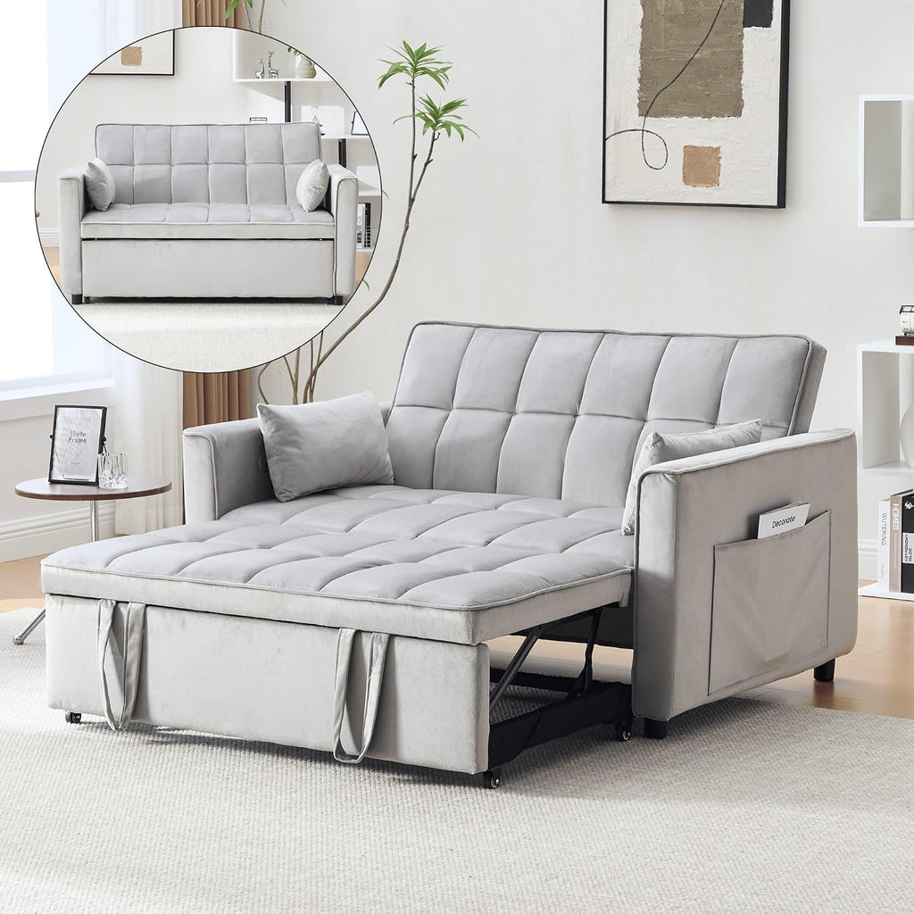 Velvet 3-in-1 Convertible Sofa Bed - USB Charging Port, Adjustable Backrest Loveseat Sleeper for Small Space Apartment, Versatile Futon Pull Out Couch for Living Room,Gray