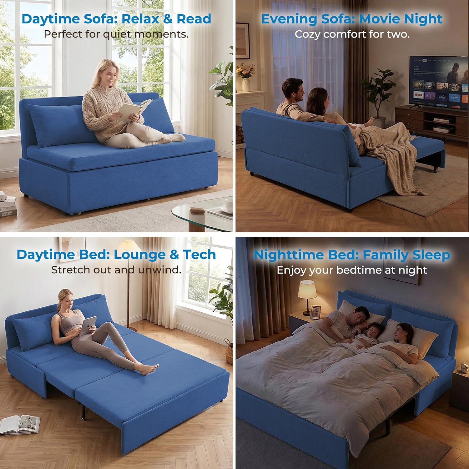 Mjkone 64' Width Queen Size Sleeper Sofa Bed, 2-in-1 Modern Convertible Linen Sofa Sleeper Pull Out Couch Bed with Cushions & Throw Pillows for Living Room Home Office Small Place, Blue