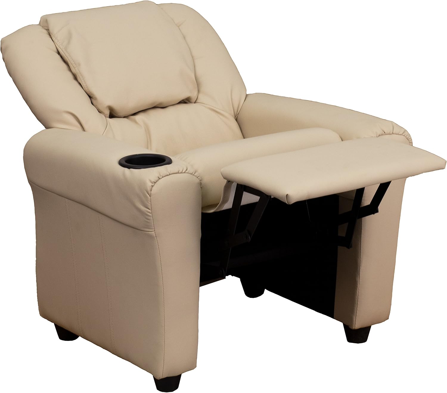 EMMA + OLIVER Beige Vinyl Kids Recliner with Cup Holder and Headrest