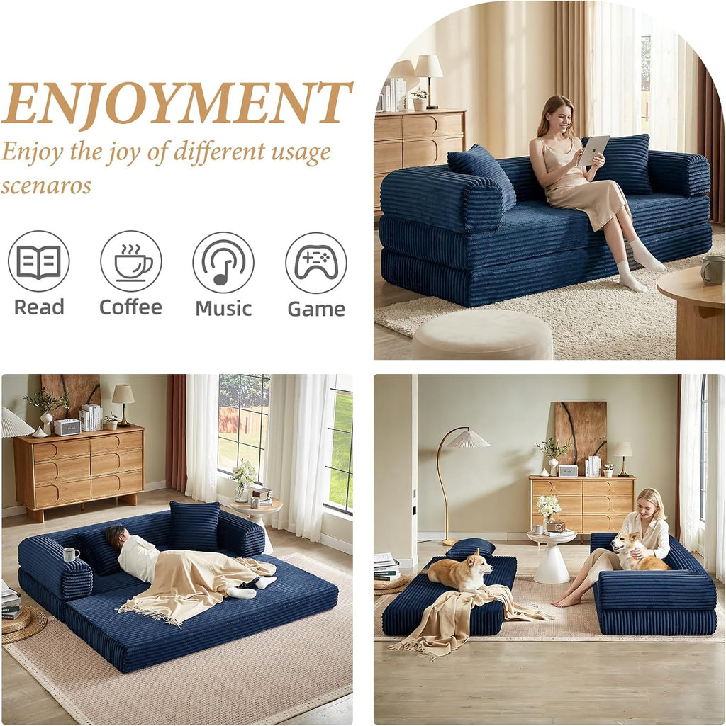 78 Inch Convertible Folding Sleeper Sofa Bed, Fold Out Floor Sofa Couch with Fixed-Shape Frame, Cloud Corduroy Foldable Mattress Couch for Living Room Bedroom (Blue)