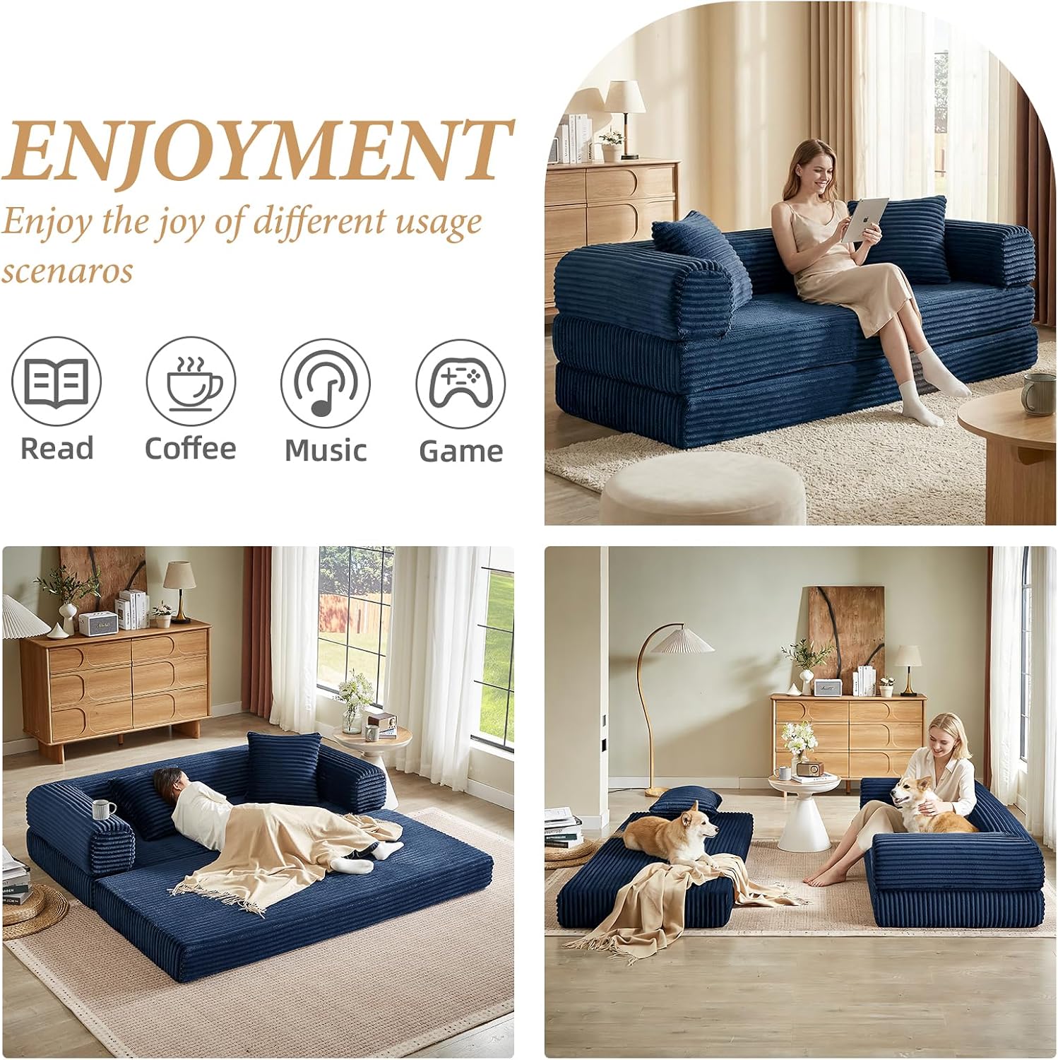 78 Inch Convertible Folding Sleeper Sofa Bed, Fold Out Floor Sofa Couch with Fixed-Shape Frame, Cloud Corduroy Foldable Mattress Couch for Living Room Bedroom (Blue)