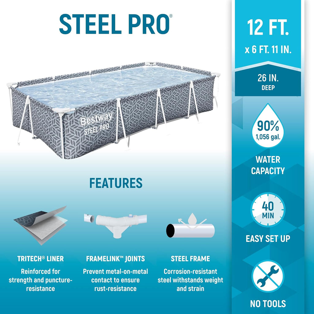 Bestway Steel Pro Rectangular Swimming Pool Above Ground Outdoor Backyard Framed Pool Set with 330 Gallon Filter Pump, 12' x 6' 7' x 26', Gray