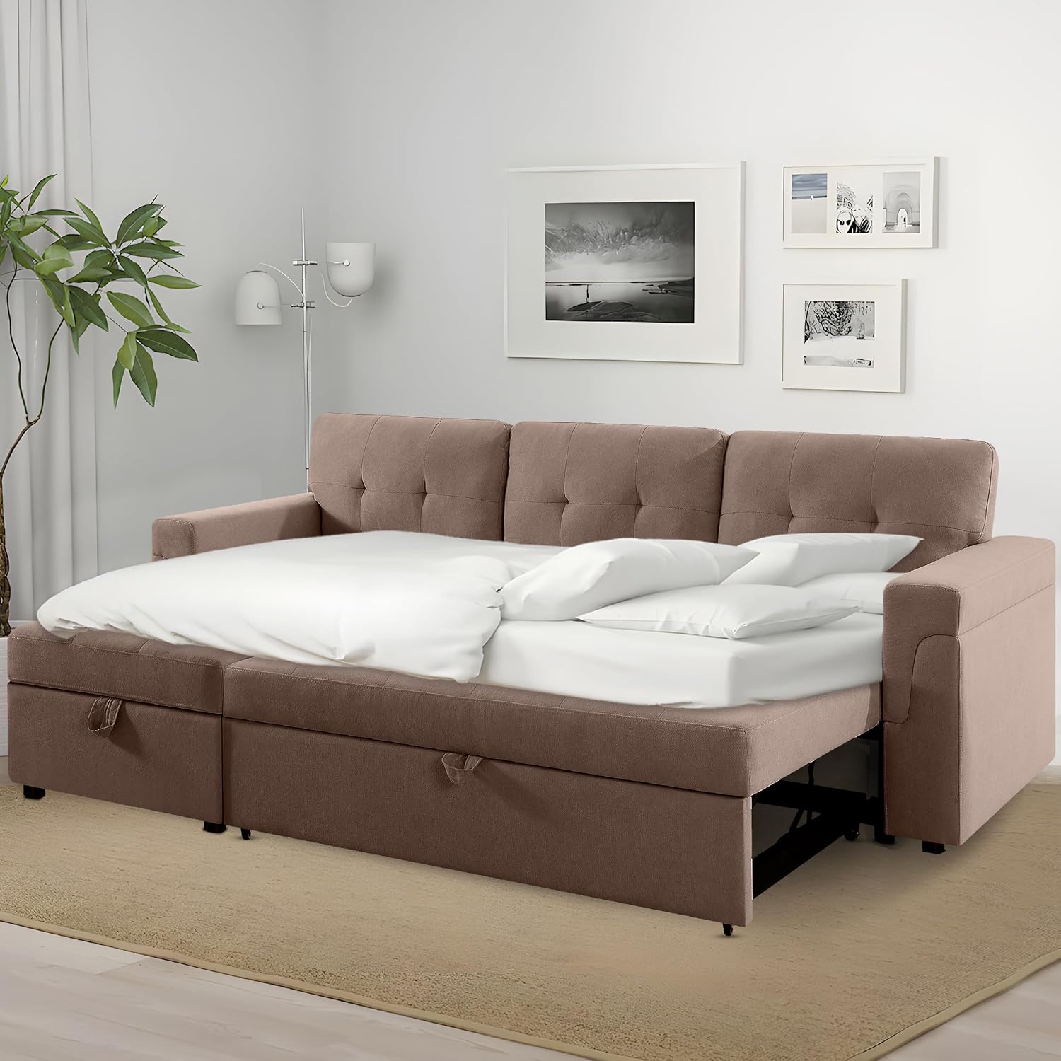 Naomi Home L Shaped Sectional Couch with Storage & Pull Out Bed – 3-in-1 Convertible Sleeper Sofa Bed, Small L Shape Sofa for Living Room, Sofa Bed with Storage Chaise in Mocha, Velvet