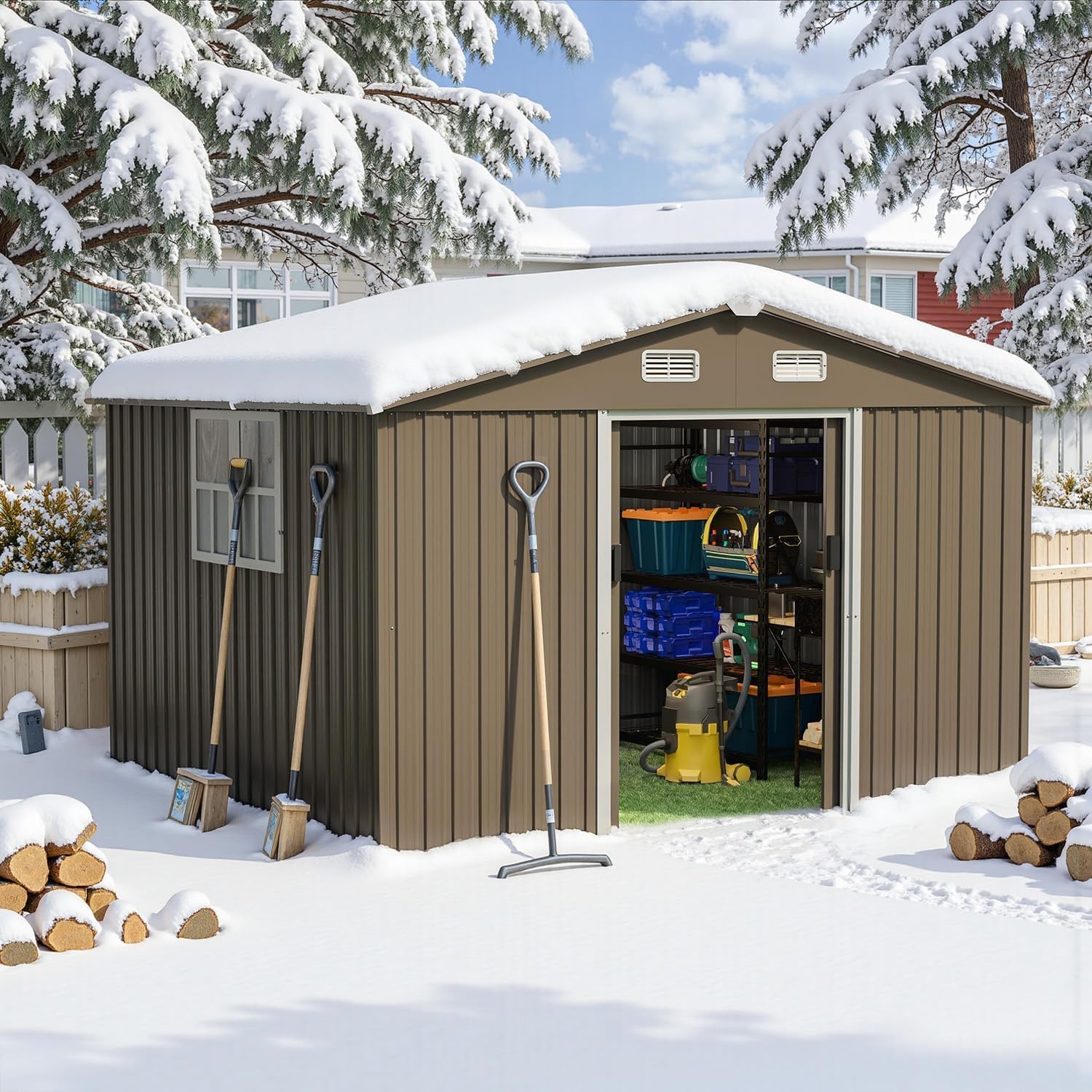 10FT x 8FT Outdoor Storage Shed,Waterproof Lockable Door Metal Tool Shed with Sliding Door and Air Vents,Storage House for Gardening Tools,Metal Storage Shed for Garden,Backyard,Lawn