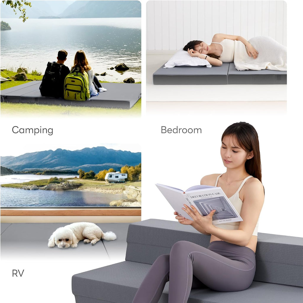 LIKIMIO Folding Mattress Full, High Density Foam Mattress with Breathable and Washable Cover & Storage Bag, 4 Inch Foldable Mat Topper for Camping, RV and Yoga, Handle Design, Gray