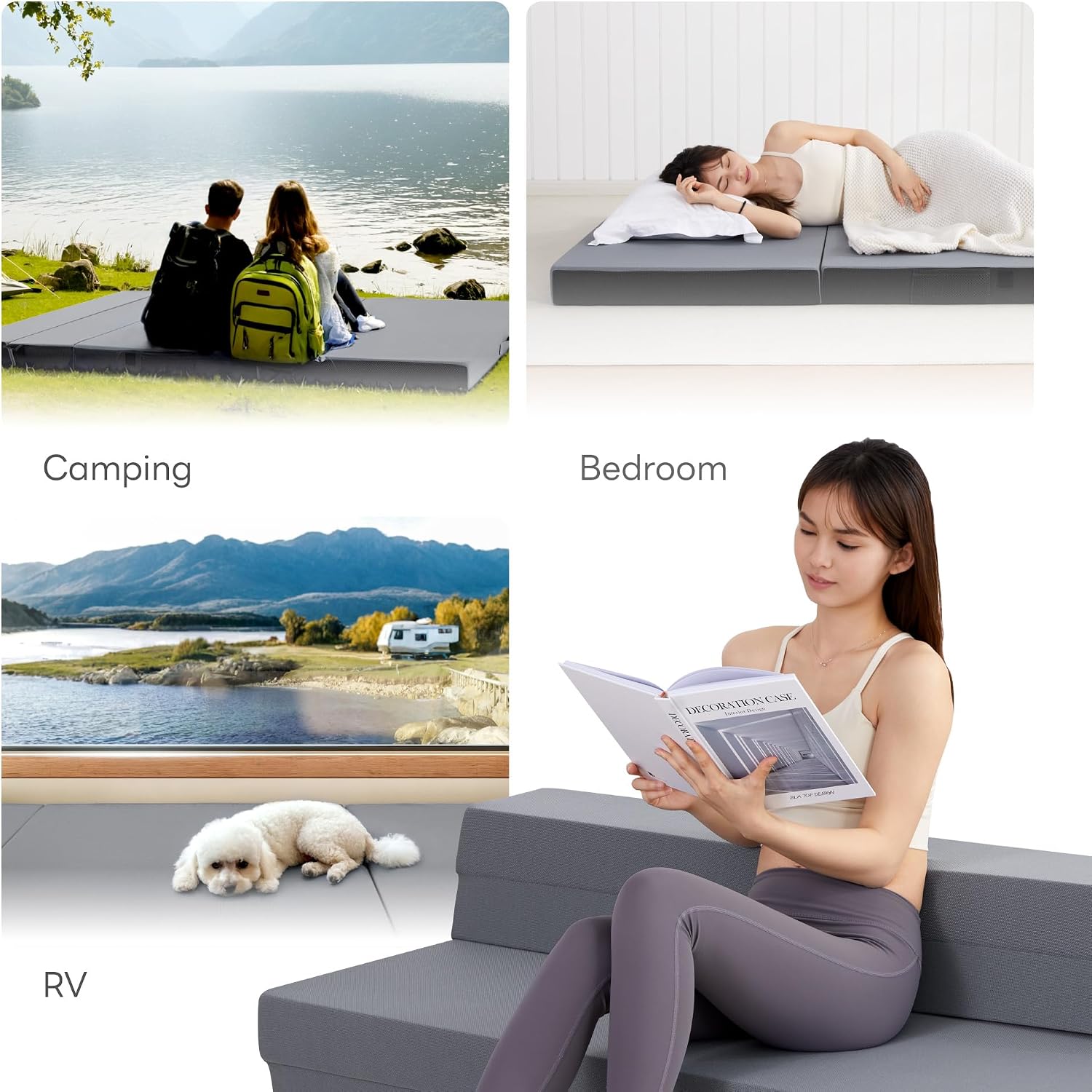 LIKIMIO Folding Mattress Full, High Density Foam Mattress with Breathable and Washable Cover & Storage Bag, 4 Inch Foldable Mat Topper for Camping, RV and Yoga, Handle Design, Gray