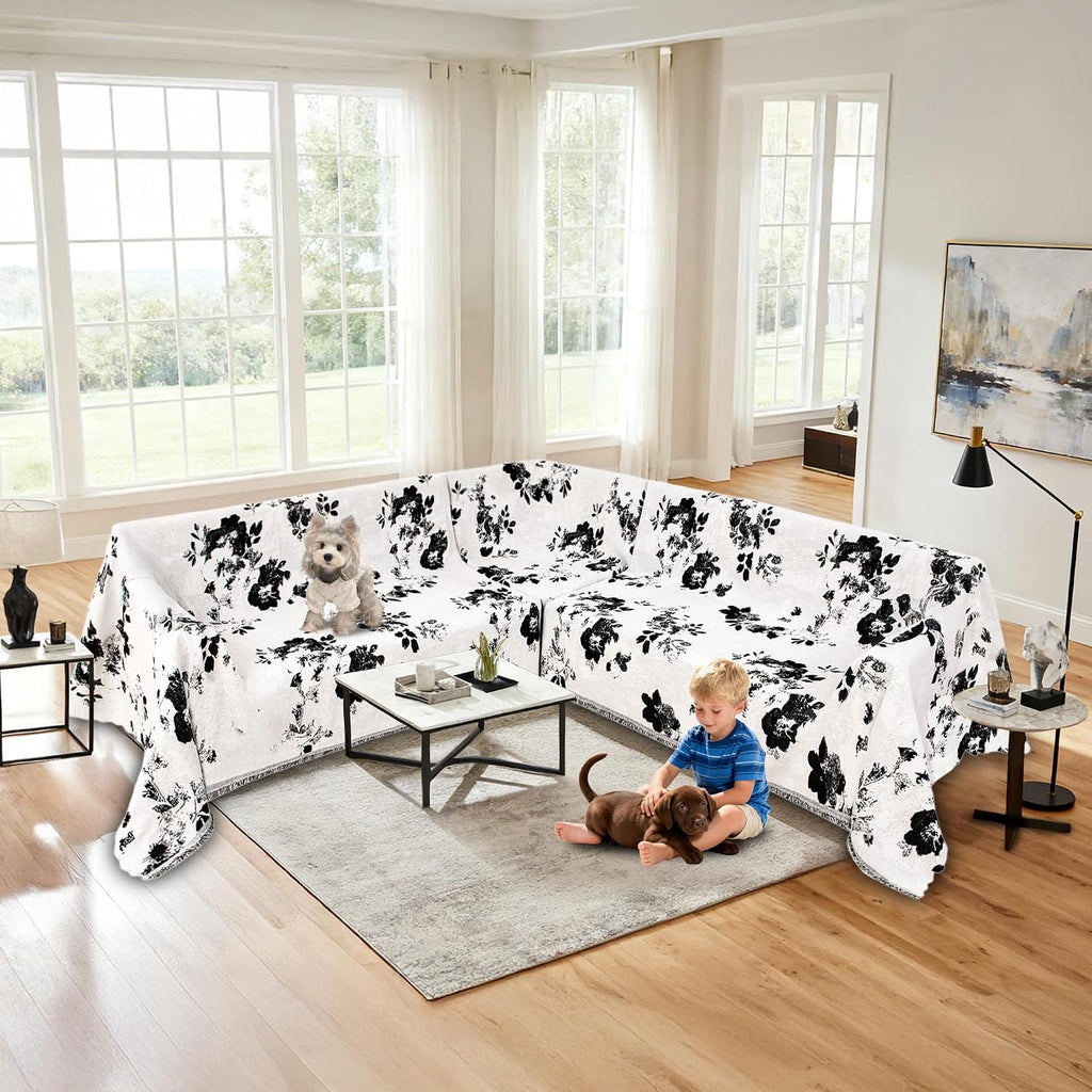 1OO% Waterproof Sectional Couch Covers for Dogs L Shaped Corner Sofa Cover Washable Chenille Sofa Slipcovers Blanket Modern Jacquard Pet Furniture Protector (91'x252', Black Flower)
