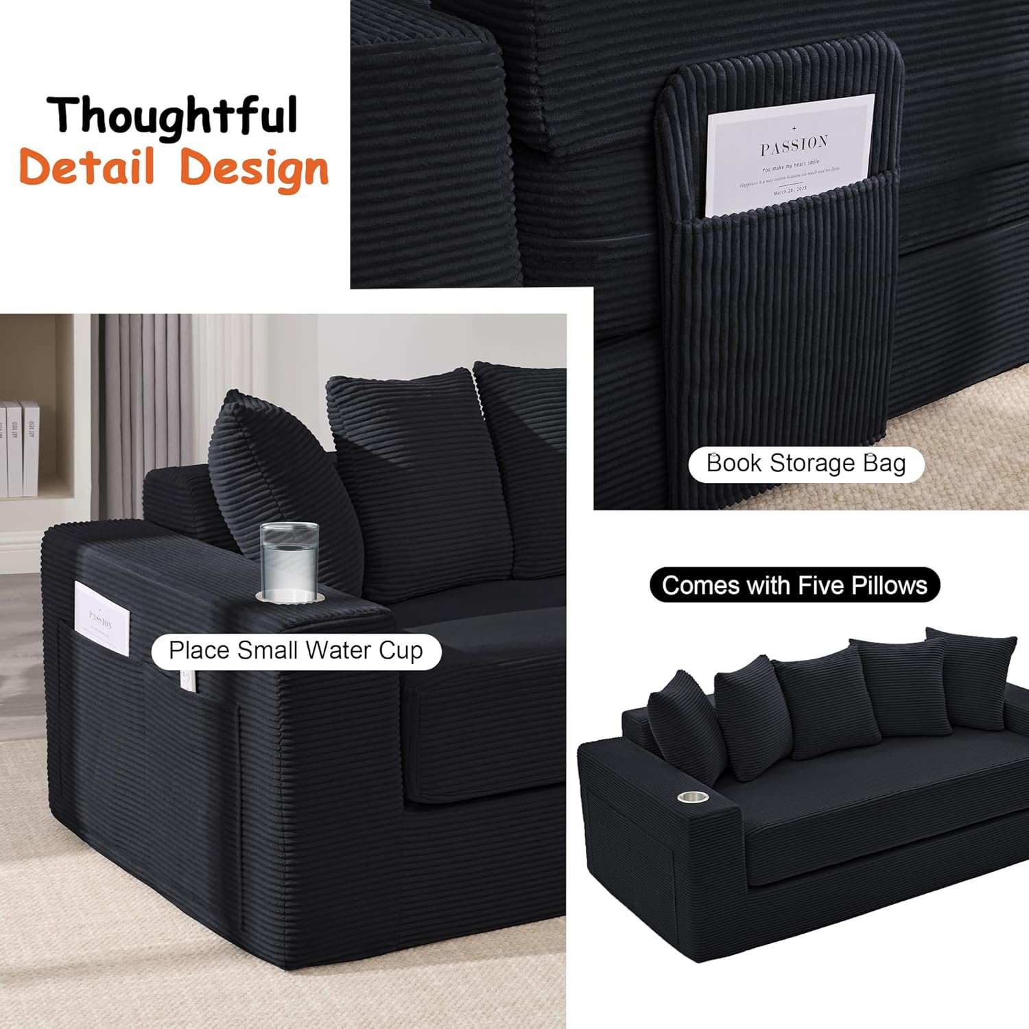 76' Convertible Sofa Bed, 2-in-1 Boneless Sleeper Sofa with Cup Holder & Pocket, Corduroy Pull Out Couch with 5 Pillows, Couch Bed for Living Room, Small Spaces, Bedroom, No Assembly