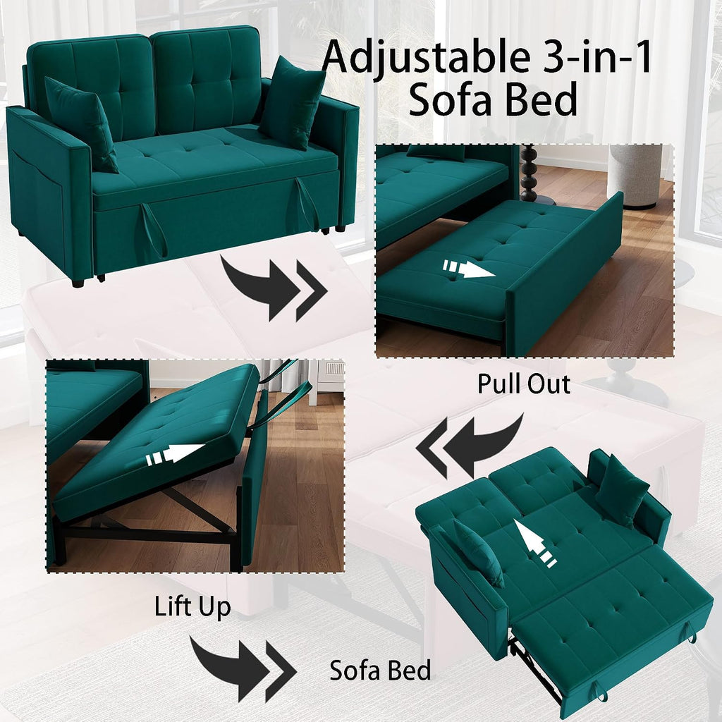 Green Convertible Sofa Bed: 3 in 1 Sleeper Sofa Couch Bed, Pull Out Couch with Adjustable Backrest, Velvet Convertible Loveseat Sleeper, for Living Room (Green)