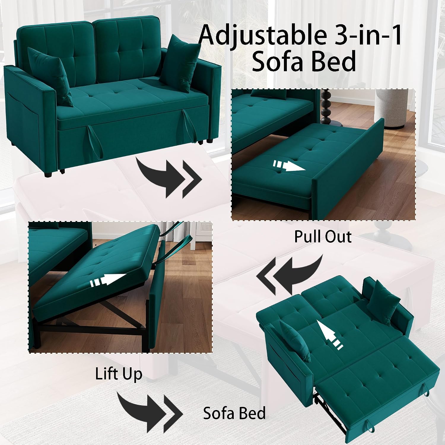 Green Convertible Sofa Bed: 3 in 1 Sleeper Sofa Couch Bed, Pull Out Couch with Adjustable Backrest, Velvet Convertible Loveseat Sleeper, for Living Room (Green)