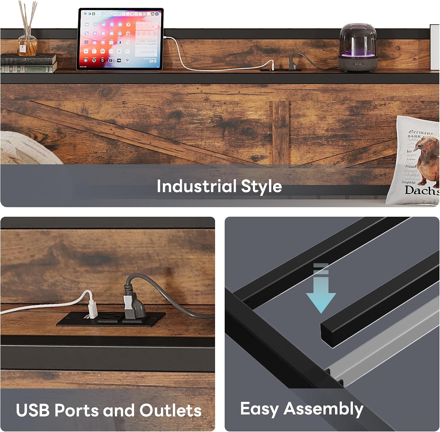 LIKIMIO Twin Daybed, Daybeds with Pop Up Trundle, Storage Headboard with Charging Station, Strong Supports for Apartment and Other Small Space, Industrial Brown