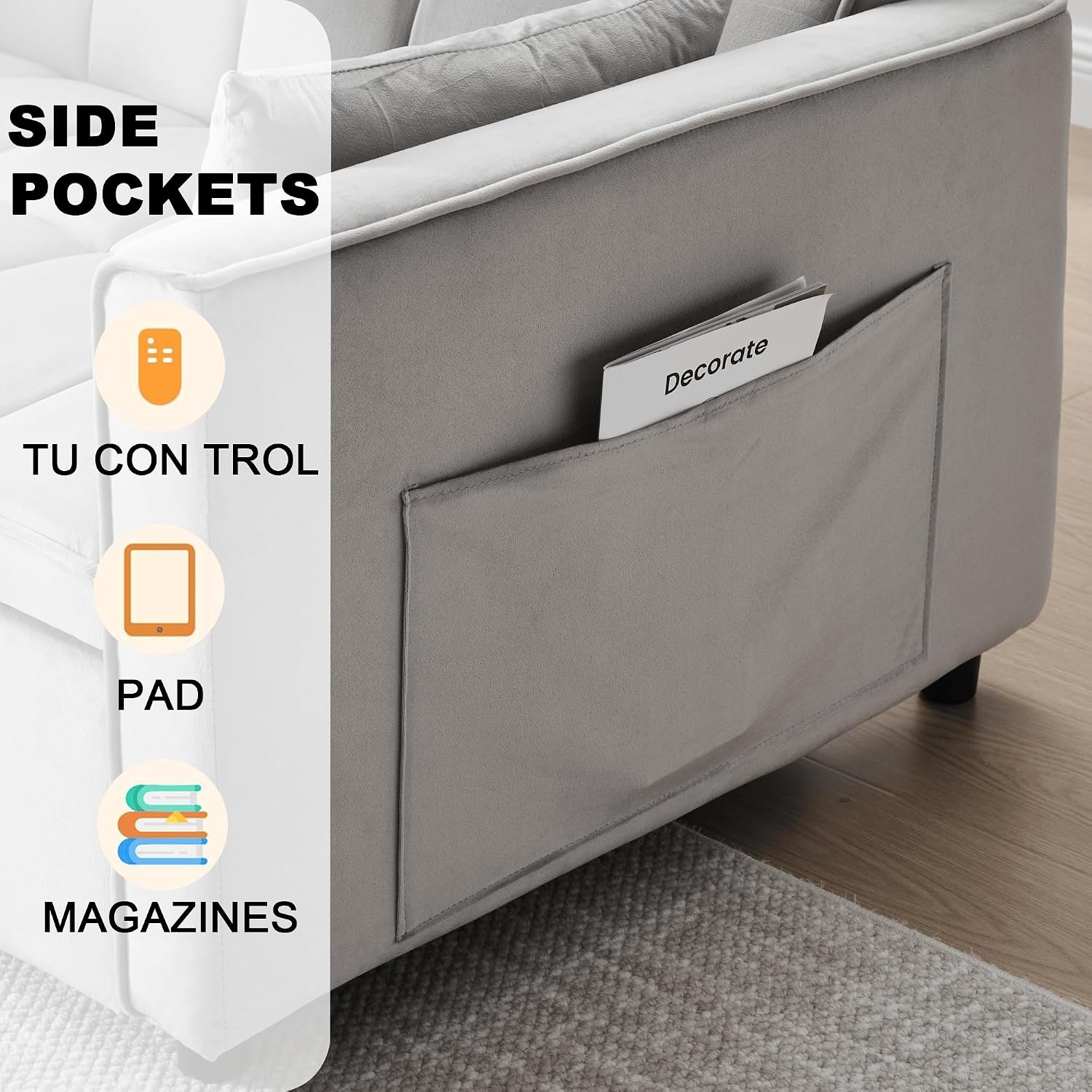 Velvet 3-in-1 Convertible Sofa Bed - USB Charging Port, Adjustable Backrest Loveseat Sleeper for Small Space Apartment, Versatile Futon Pull Out Couch for Living Room,Gray