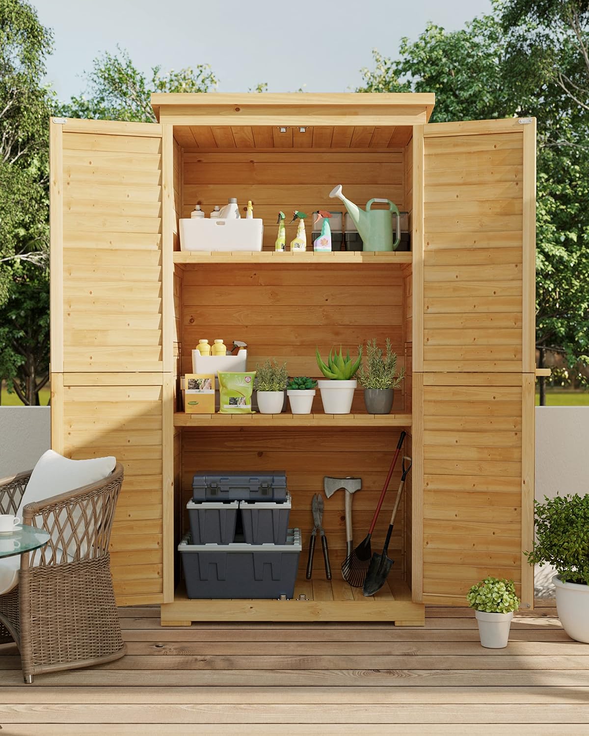 Gizoon Outdoor Storage Cabinet with 3 Shelves, Double Lockable Wooden Garden Shed with Waterproof Roof, Outside Vertical Tall Tool Shed for Yard Patio Lawn Deck-Natural