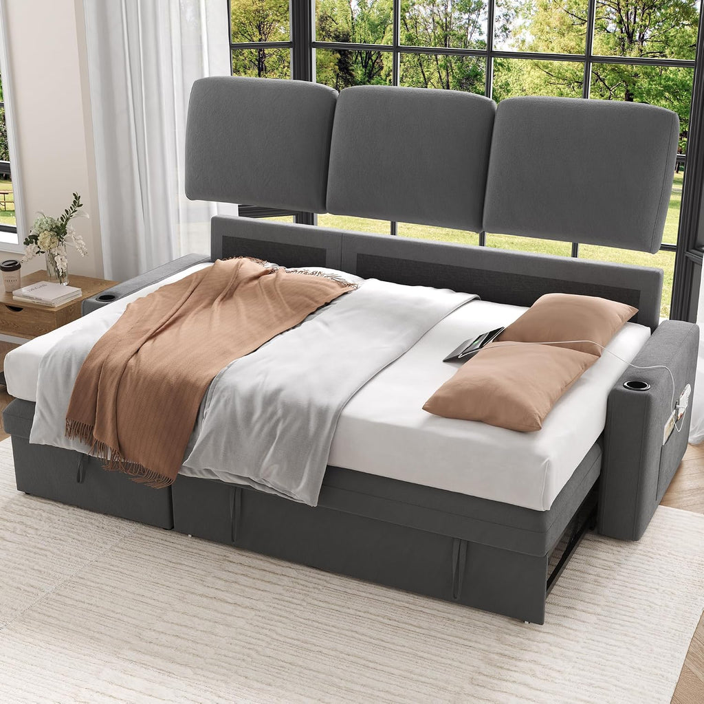 Keyluv 87' Pull Out Sleeper Sofa Bed with Storage Chaise, Reversible 2 in 1 Sectional Sofa Bed with Charging Station and Cup Holder, L-Shaped Sofa Couch for Living Room, Velvet Dark Gray