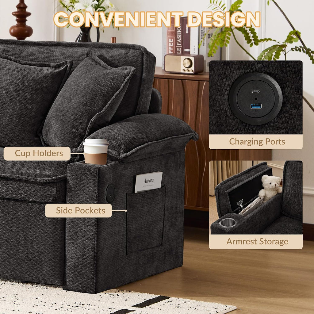 SUNWAVE 83' King Size Pull Out Sofa Bed, 4-in-1 Convertible Sleeper Sofa Bed with USB Ports, Cup Holders, Side Pockets, Corduroy Oversized Loveseat Chaise Lounge for Living Room, Small Space