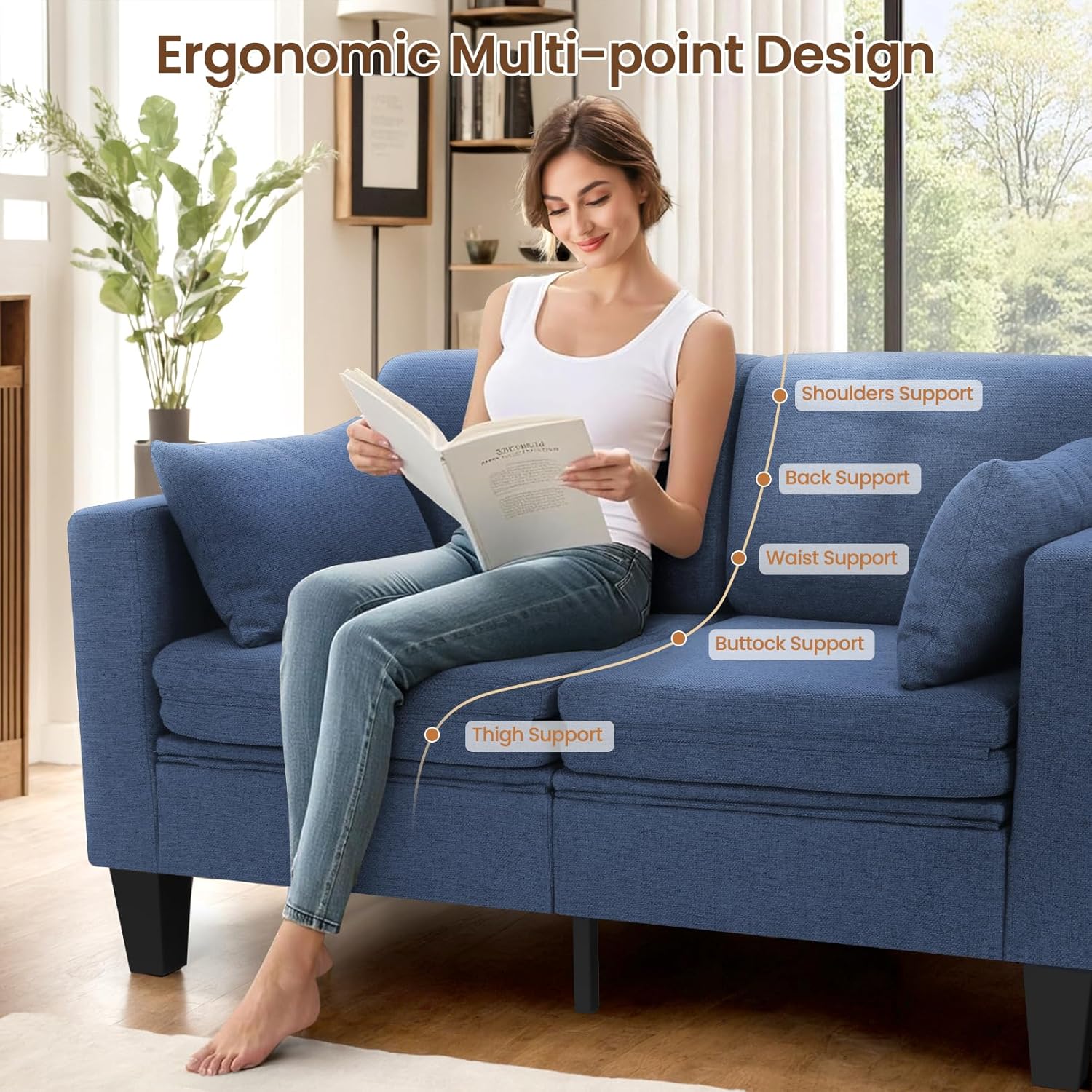 SEJOV 6-in-1 Convertible Sofa Bed, 58' Loveseat Sleeper Sofas with Pull Out Couch Bed, Removable Backrest, Storage Pockets and 2 Pillows, Modern Folding Linen Futon Couch for Small Spaces, Blue