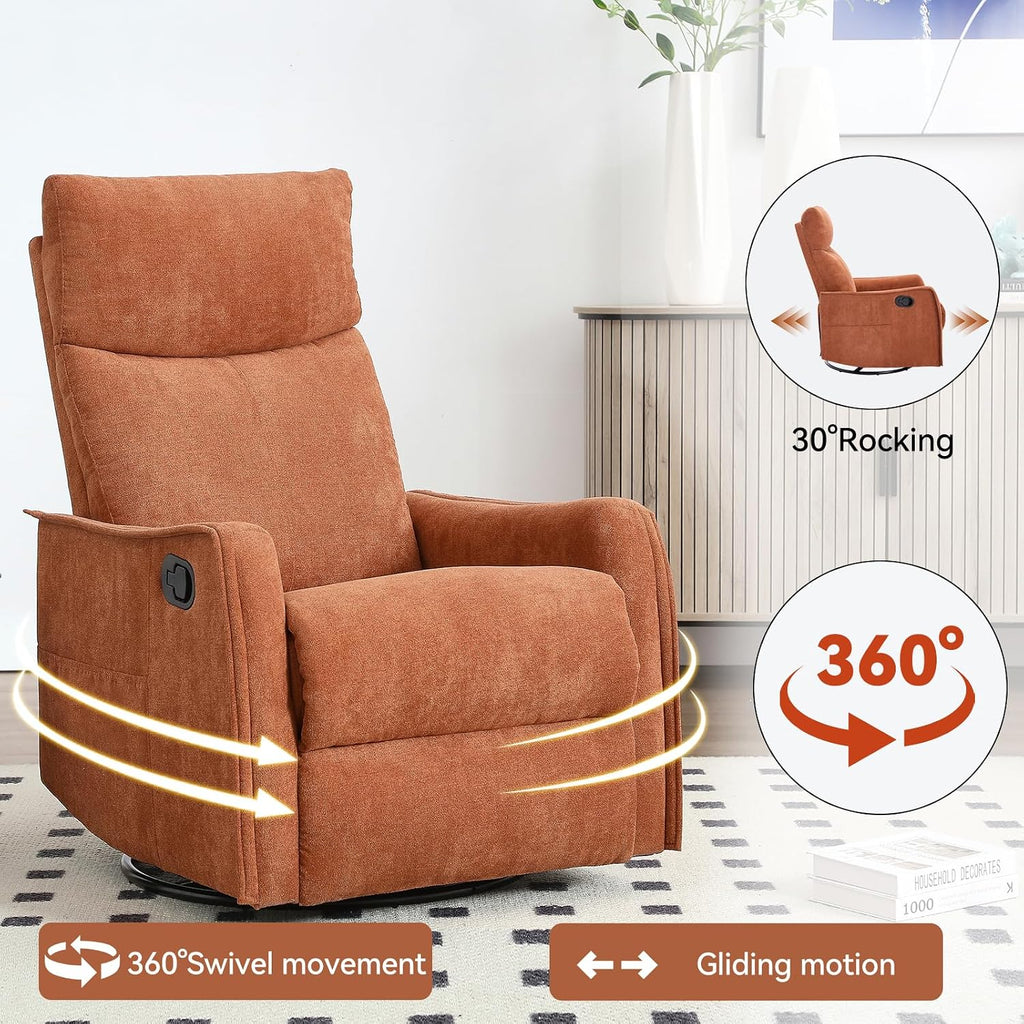 Massage Chair Recliner with Heat, 360° Swivel Glider Rocker with Reclining Backrest and Footrest, Manual Lazy Boy Recliners for Adults, Modern Nursery Rocking Chairs (Orange)