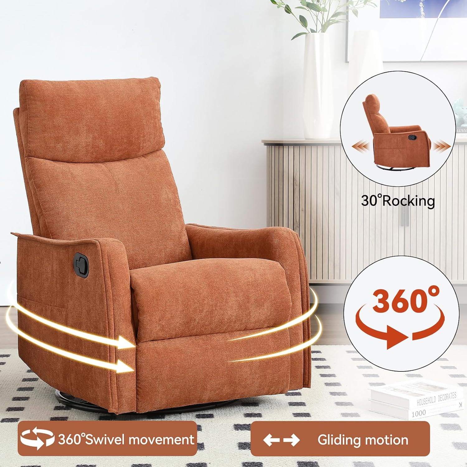Massage Chair Recliner with Heat, 360° Swivel Glider Rocker with Reclining Backrest and Footrest, Manual Lazy Boy Recliners for Adults, Modern Nursery Rocking Chairs (Orange)