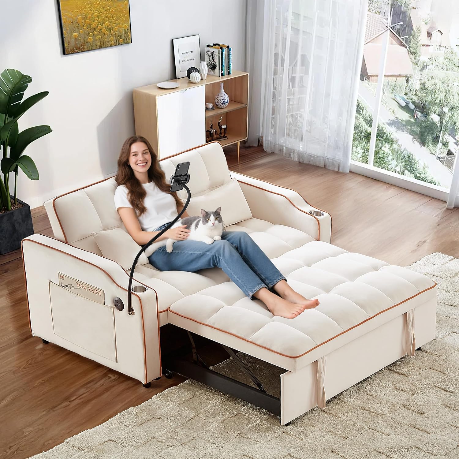 Sleeper Sofa Couch Bed with Phone Holder, Modern 3-in-1 Convertible Velvet Pull Out Loveseat Futon Sofa with USB & Type C Port & Cup Holder for Living Room Bedroom Office