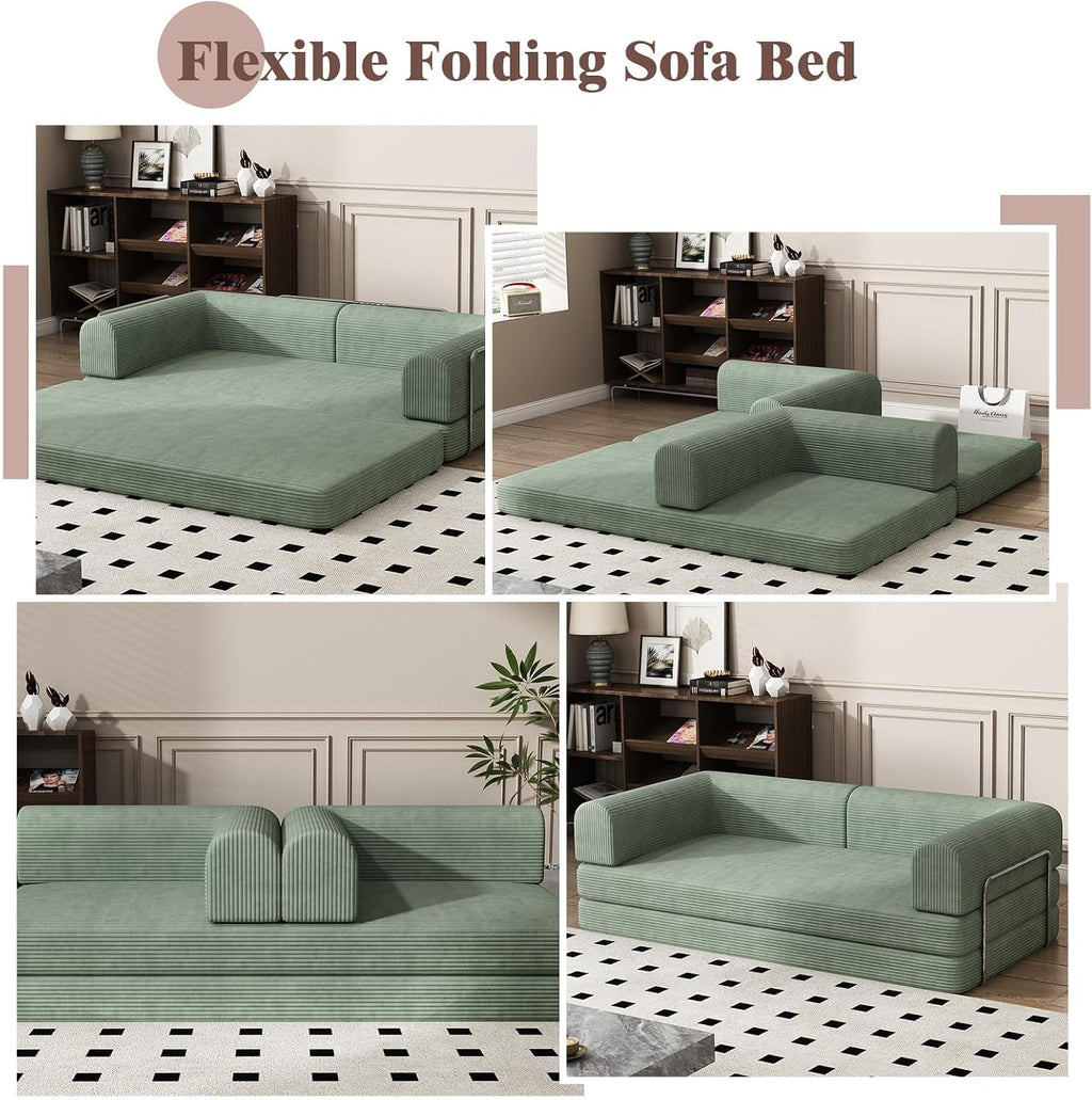 Convertible Corduroy Sleeper Sofa Bed,Folding Mattress Couch with Fixed-Shape Frame, 3 Seater Fold Out King Size Futon,No Assembly Floor Couch for Living Room Dorm Studio 78.7*39.4*29.6 Inch Green