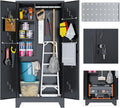 Metal Storage Cabinet, 75' Cleaning Tool Cabinet with Locking Door, Tall Storage Sheds Tool Organizer, Large Broom Cabinet for Bathroom, Laundry Room, Kitchen, Pantry, and Humid Environments